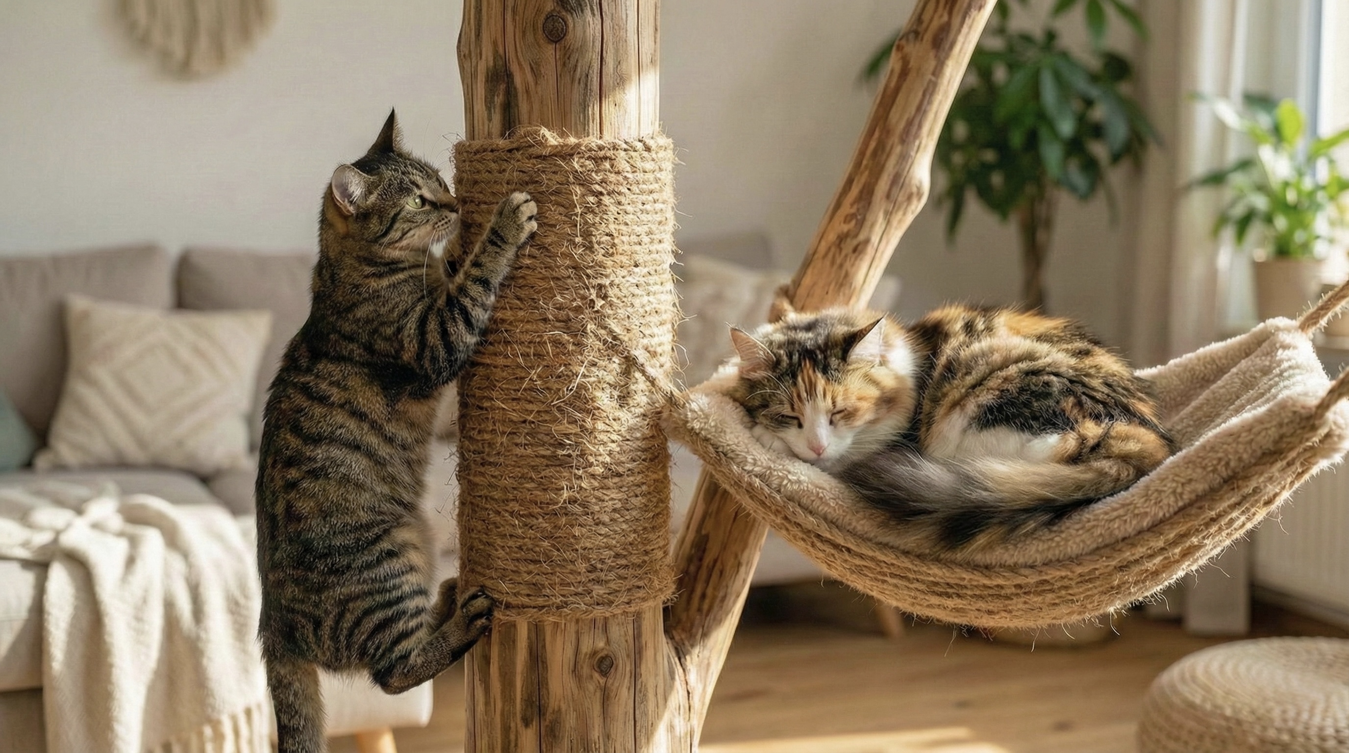 Katze kratzt am Kratzbaum mit Kokosseil - langlebiger Sisalersatz für Kratzbäume